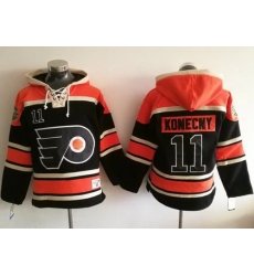 Men Philadelphia Flyers 11 Travis Konecny Black Sawyer Hooded Sweatshirt Stitched NHL Jersey