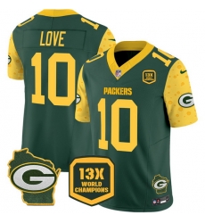 Men Green Bay Packers 10 Jordan Love Cheese Green 2024 F U S E  13 Time World Champions And Home Patch Vapor Untouchable Limited Stitched Football Jersey