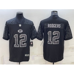 Men Green Bay Packers 12 Aaron Rodgers Black Reflective Limited Stitched Football Jersey