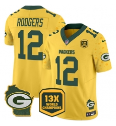 Men Green Bay Packers 12 Aaron Rodgers Cheese Gold 2024 F U S E  13 Time World Champions And Home Patch Vapor Untouchable Limited Stitched Football Jersey