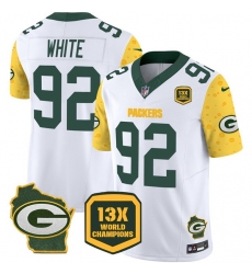 Men Green Bay Packers 92 Reggie White Cheese White 2024 F U S E  13 Time World Champions And Home Patch Vapor Untouchable Limited Stitched Football Jersey