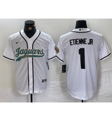 Men Jacksonville Jaguars 1 Travis Etienne Jr  White With Patch Cool Base Stitched Baseball Jersey