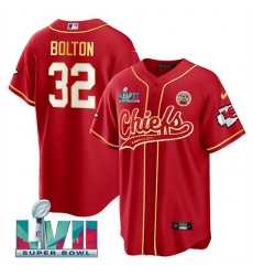 Men   Kansas City Chiefs 32 Nick Bolton Red Super Bowl LVII Patch Cool Bae Stitched Baseball Jersey