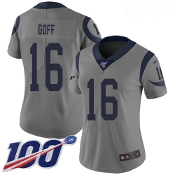 Rams #16 Jared Goff Gray Women Stitched Football Limited Inverted Legend 100th Season Jersey