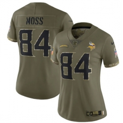 Women Minnesota Vikings 84 Randy Moss 2022 Olive Salute To Service Limited Stitched Jersey