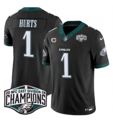 Men Philadelphia Eagles 1 Jalen Hurts Black 2024 New NFC East Champions With 3 Star C Patch F U S E  Vapor Untouchable Limited Stitched Football Jersey