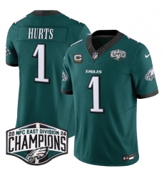 Men Philadelphia Eagles 1 Jalen Hurts Green 2024 New NFC East Champions With 3 Star C Patch F U S E  Vapor Untouchable Limited Stitched Football Jersey