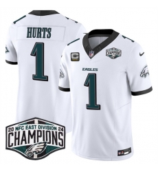 Men Philadelphia Eagles 1 Jalen Hurts White 2024 New NFC East Champions With 3 Star C Patch F U S E  Vapor Untouchable Limited Stitched Football Jersey