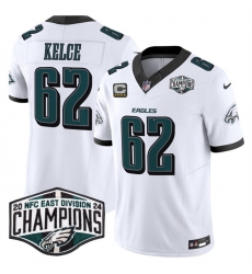 Men Philadelphia Eagles 62 Jason Kelce White 2024 New NFC East Champions With 4 Star C Patch F U S E  Vapor Untouchable Limited Stitched Football Jersey