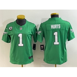 Women Philadelphia Eagles 1 Jalen Hurts Green 2023 F U S E  With C Patch Stitched Football Jersey  Run Small