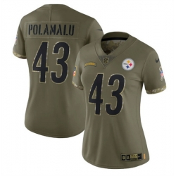 Women Pittsburgh Steelers 43 Troy Polamalu Olive 2022 Salute To Service Limited Stitched Jersey