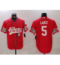 Men San Francisco 49ers 5 Trey Lance Red With Patch Cool Base Stitched Baseball Jersey 1