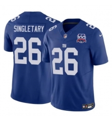 Men New York Giants 26 Devin Singletary Blue 2024 F U S E  100TH Season Patch Vapor Untouchable Limited Stitched Jersey