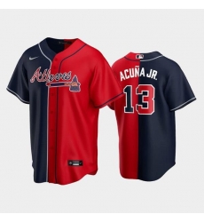 Men Atlanta Braves 13 Ronald Acuna Jr  Navy Red Split Cool Base Stitched Baseball Jersey