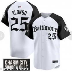 Men Nike Baltimore Orioles Pete Alonso #25 Charm City Shadow Built White Black Stitched Jersey