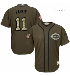 Mens Majestic Cincinnati Reds 11 Barry Larkin Replica Green Salute to Service MLB Jersey