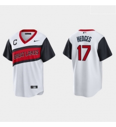 Men Cleveland Indians 17 Austin Hedges Men Nike White 2021 Little League Classic Game MLB Jersey