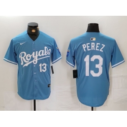 Men Kansas City Royals 13 Salvador Perez Light Blue Cool Base Stitched Jersey 2