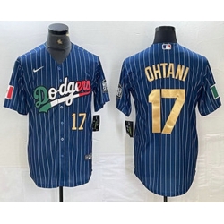 Men Los Angeles Dodgers 17 Shohei Ohtani Number Mexico Blue Gold Pinstripe Cool Base Stitched Jersey