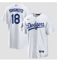 Men Los Angeles Dodgers 18  Yoshinobu Yamamoto White 2025 World Series Champions Patch Cool Base Stitched Baseball Jersey