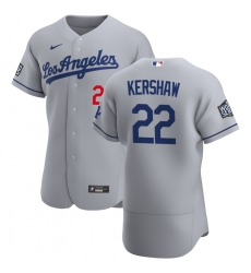 Men Los Angeles Dodgers 22 Clayton Kershaw Men Nike Gray Road 2020 World Series Bound Flex Base Team MLB Jersey