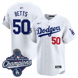 Men Los Angeles Dodgers 50 Mookie Betts White 2025 World Series Champions Patch Home Limited Stitched Baseball Jersey