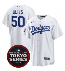 Men Los Angeles Dodgers 50 Mookie Betts White 2025 World Tour Tokyo Series Home Stitched Baseball Jersey