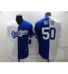 Men Los Angeles Dodgers 50 Mookie Betts White Blue Split Cool Base Stitched Baseball Jersey