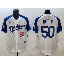 Men Los Angeles Dodgers 50 Mookie Betts White Blue Vin Patch Cool Base Stitched Baseball Jersey III