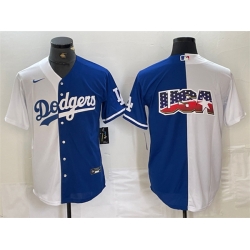 Men Los Angeles Dodgers Team Big Logo White Blue Split Cool Base Stitched Baseball Jersey 3