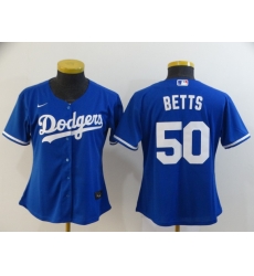 Women Dodgers 50 Mookie Betts Royal Women 2020 Nike Cool Base Jersey