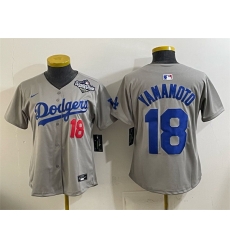 Women Los Angeles Dodgers 18  Yoshinobu Yamamoto Grey 2025 World Series Patch Limited Stitched Baseball Jersey 