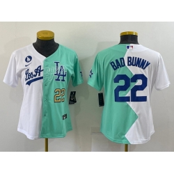 Women Los Angeles Dodgers 22 Bad Bunny 2022 All Star White Green Split Stitched Baseball Jersey 28Run Small 291