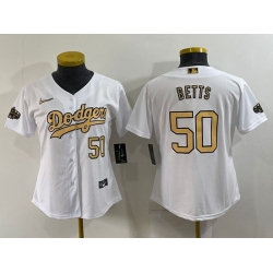 Women Los Angeles Dodgers 50 Mookie Betts 2022 All Star White Stitched Baseball Jersey 28Run Small 29