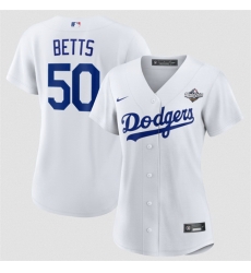 Women Los Angeles Dodgers 50 Mookie Betts White 2025 World Series Home Cool Base Stitched Baseball Jersey 