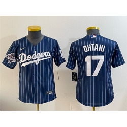 Youth Los Angeles Dodgers 17 Shohei Ohtani Navy Pinstripe 2025 World Series Champions Patch Cool Base Stitched Baseball Jersey