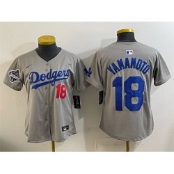 Youth Los Angeles Dodgers 18 Yoshinobu Yamamoto Grey 2025 World Series Champions Patch Limited Stitched Baseball Jersey