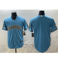 Men Milwaukee Brewers Blank Blue With Home Bob Uecker Patch Stitched Baseball Jersey Men Milwaukee Brewers Blank Blue With Home Bob Uecker Patch Stitched Baseball Jersey