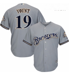 Mens Majestic Milwaukee Brewers 19 Robin Yount Replica Grey Road Cool Base MLB Jersey