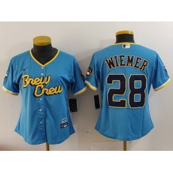 Women Milwaukee Brewers 28 Joey Wiemer Powder Blue City Connect Cool Base Stitched Jersey