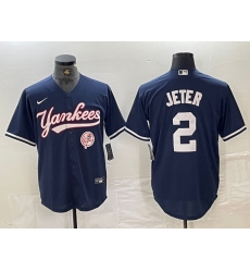 Men New York Yankees 2 Derek Jeter Navy With Patch Cool Base Stitched Baseball Jersey