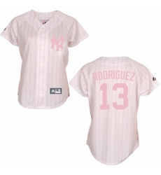 Womens Majestic New York Yankees 13 Alex Rodriguez Replica WhitePink Strip MLB Jersey