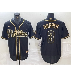 Men Philadelphia Phillies 3 Bryce Harper Black Gold Cool Base Stitched Baseball Jersey