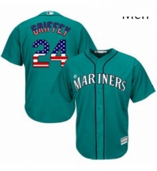 Mens Majestic Seattle Mariners 24 Ken Griffey Replica Teal Green USA Flag Fashion MLB Jersey