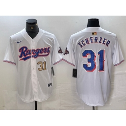 Men Texas Rangers 31 Max Scherzer White Gold Cool Base Stitched Baseball Jersey 3