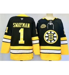 Men Boston Bruins 1 Jeremy Swayman Black 100th Anniversary Stitched Hockey Jersey