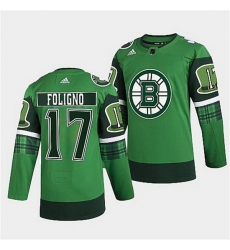 Men Boston Bruins 17 Nick Foligno 2022 Green St Patricks Day Warm Up Stitched jersey