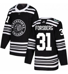 Youth Adidas Chicago Blackhawks 31 Anton Forsberg Authentic Black 2019 Winter Classic NHL Jersey 