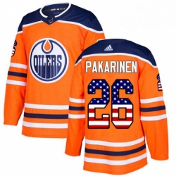 Mens Adidas Edmonton Oilers 26 Iiro Pakarinen Authentic Orange USA Flag Fashion NHL Jersey 