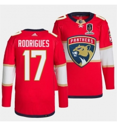 Men Florida Panthers 17 Evan Rodrigues Red Home 2024 Stanley Cup Champions Stitched Jersey